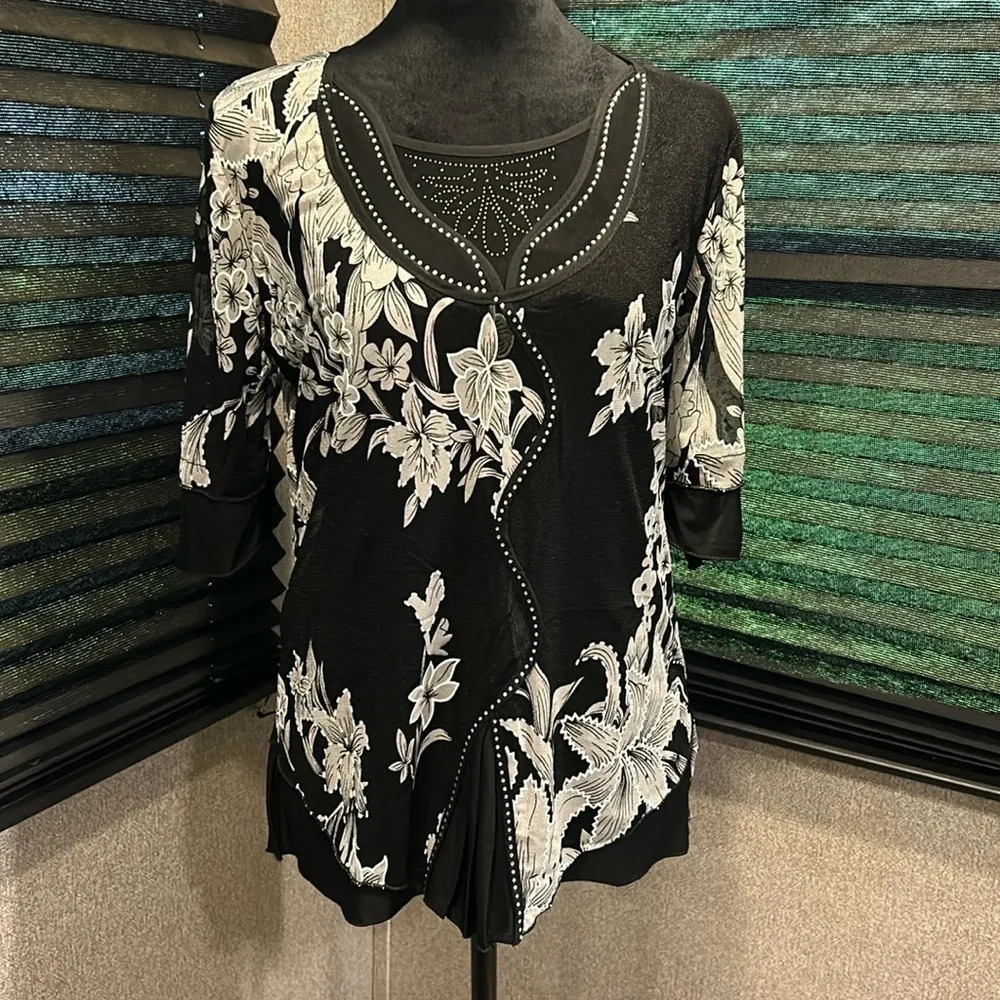 Appointments Women’s‎ SS Floral & Sequinned Tie Sleeve Shirt Size Medium